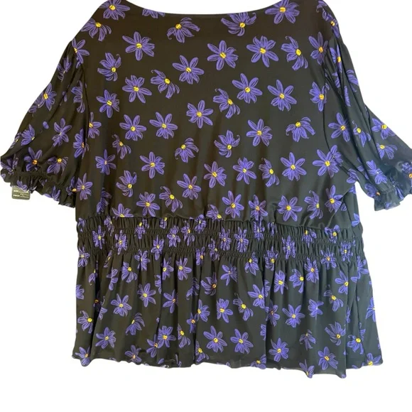 Ava & Viv 3X NWT Black Purple Floral Peplum Blouse Smocked Waist Flutter Sleeve - Picture 3 of 9